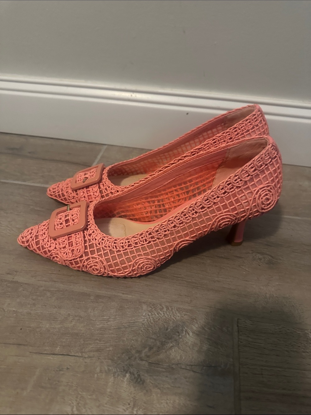Alex Marie Coral Crochet Pointed Kitten Heels with Buckle